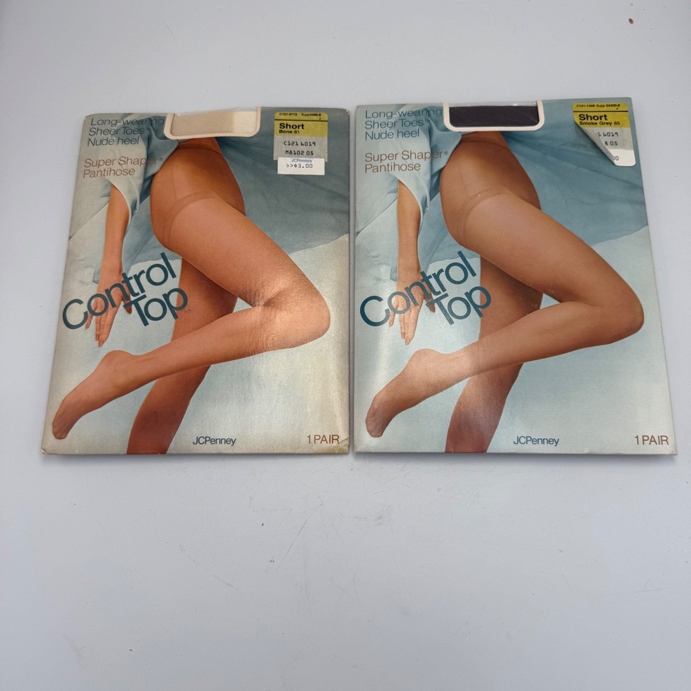 Vintage JCPenney Super Shaper Control Pantihose 2pk Bone Smoke Grey Short USA